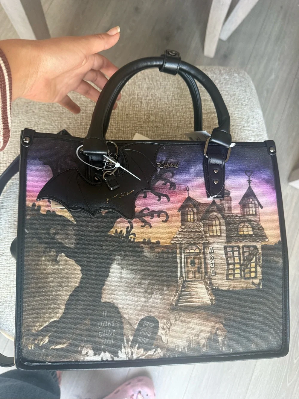 Betsey Johnson Haunted House Satchel in Purple, Pink, Black